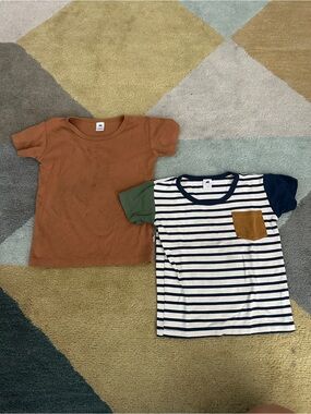 Little & Lively Kids Short Sleeve Tee Bundle Rust Solid & Navy Stripe Pocket